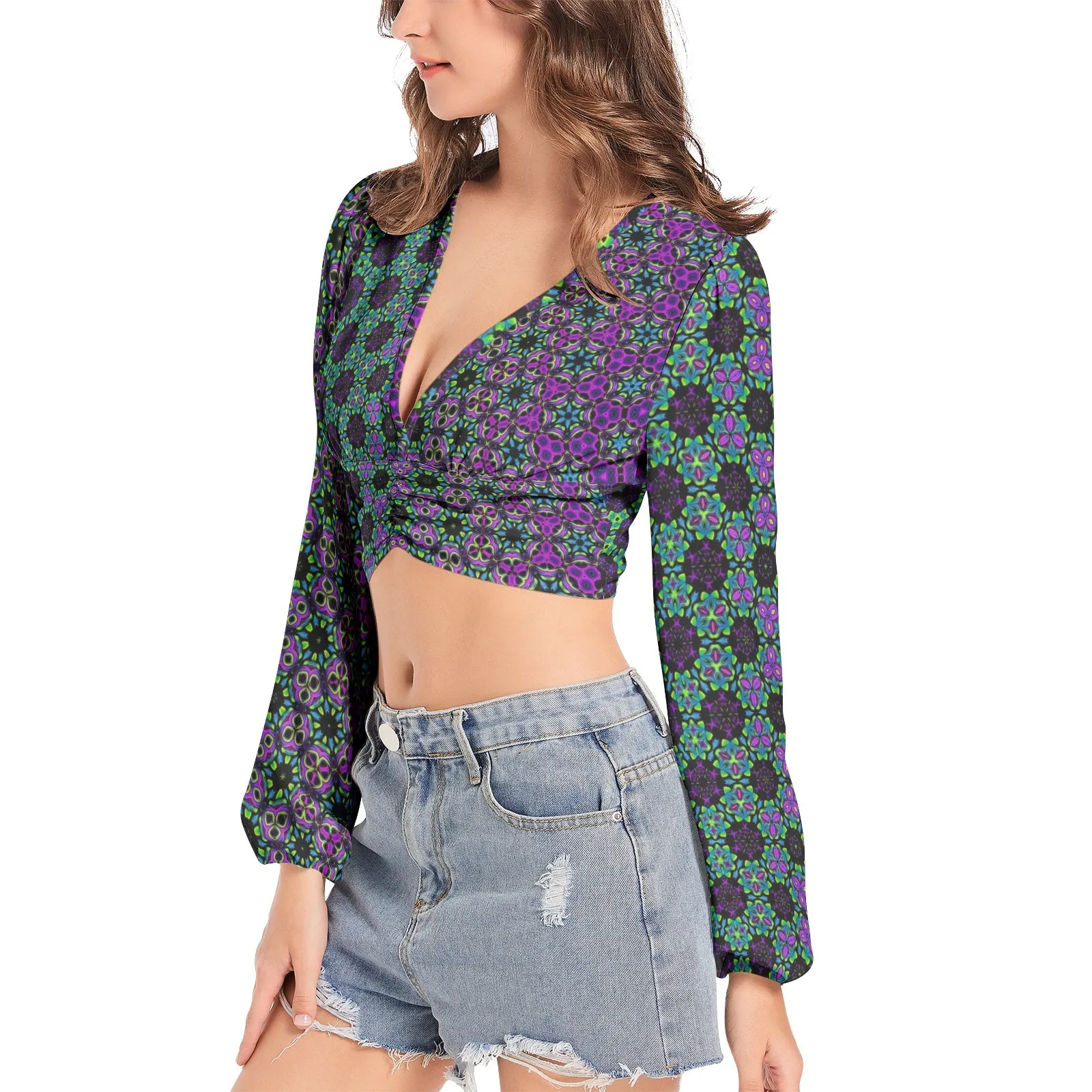 Cameron Gray | Psy Trip | Women's Deep V-Neck Lantern Sleeve Crop Top