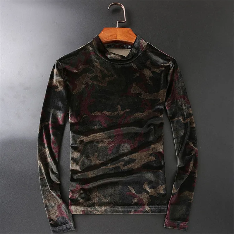 Camouflage Velour Men Turtleneck Sweater