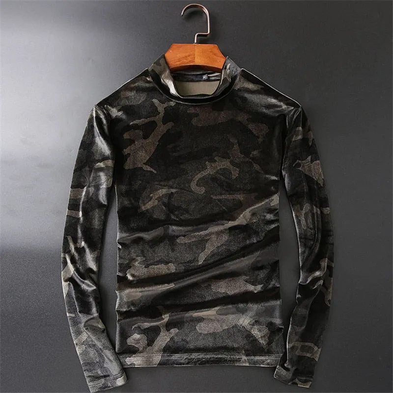 Camouflage Velour Men Turtleneck Sweater