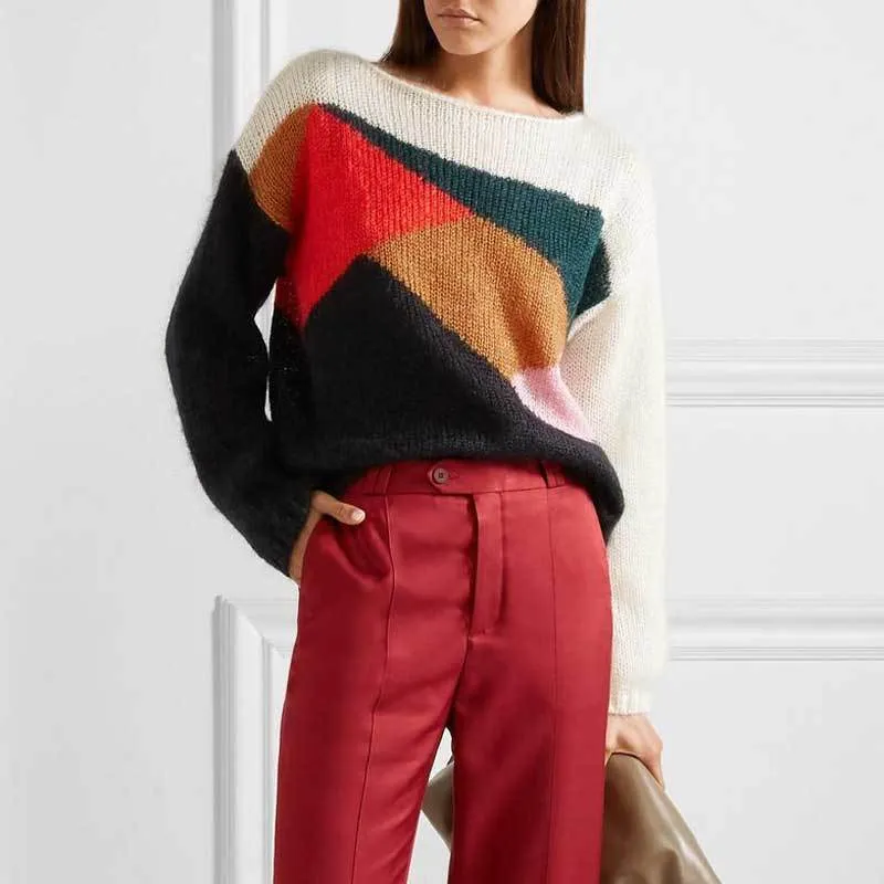 Casual Autumn Long Sleeve Loose Contrast Color Knit Sweater