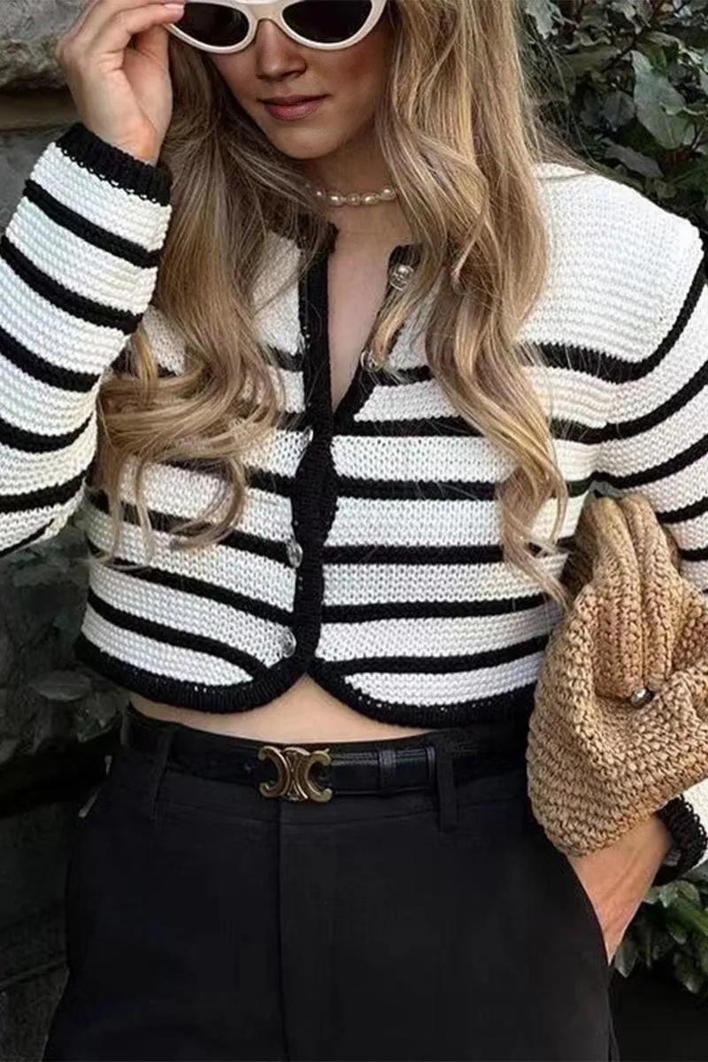 CF0495 Stripes Knitted Crop Cardigan