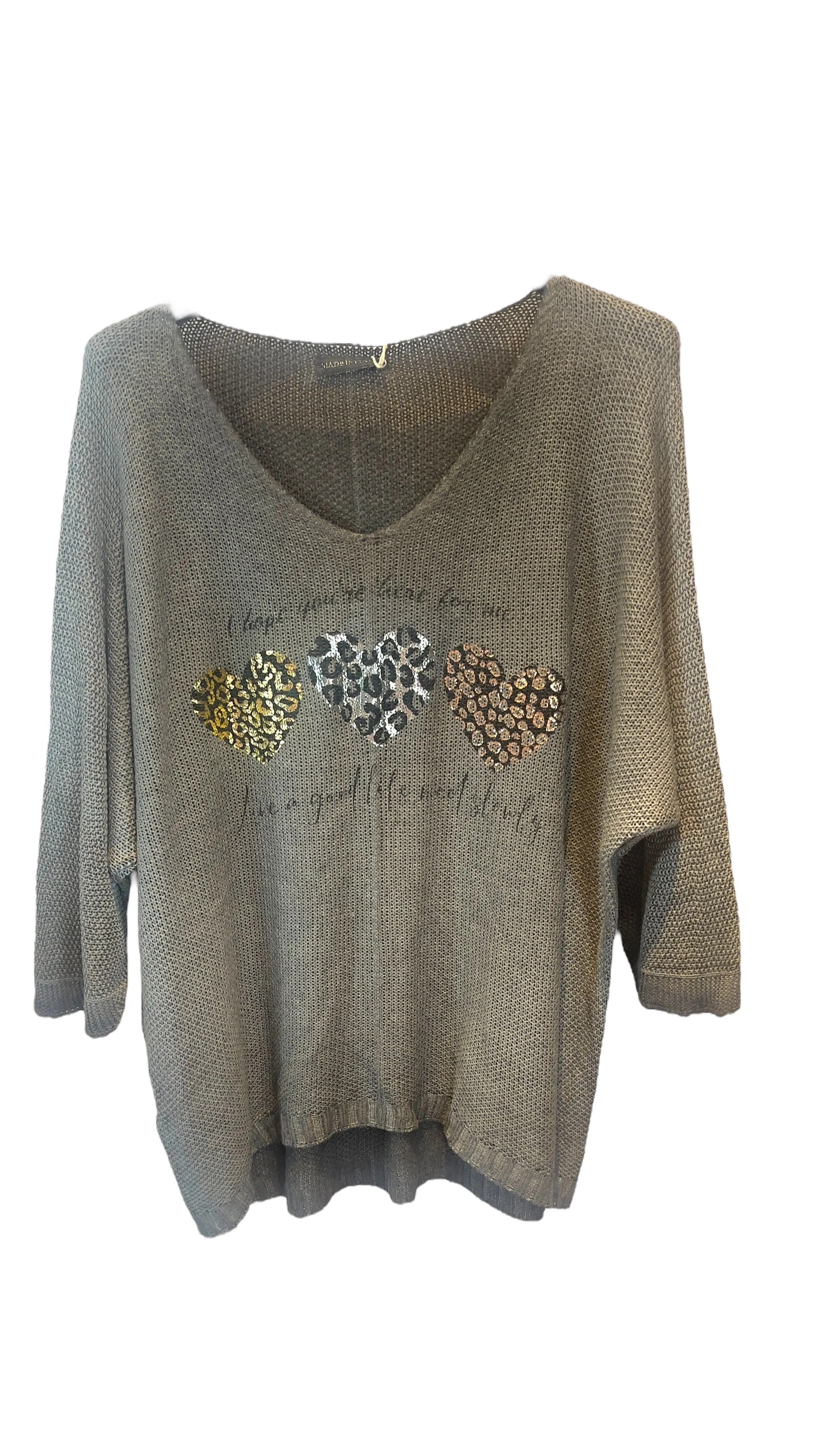 CHARCOAL METALLIC HEART LEOPARD LOOSE OPEN KNIT SWEATER