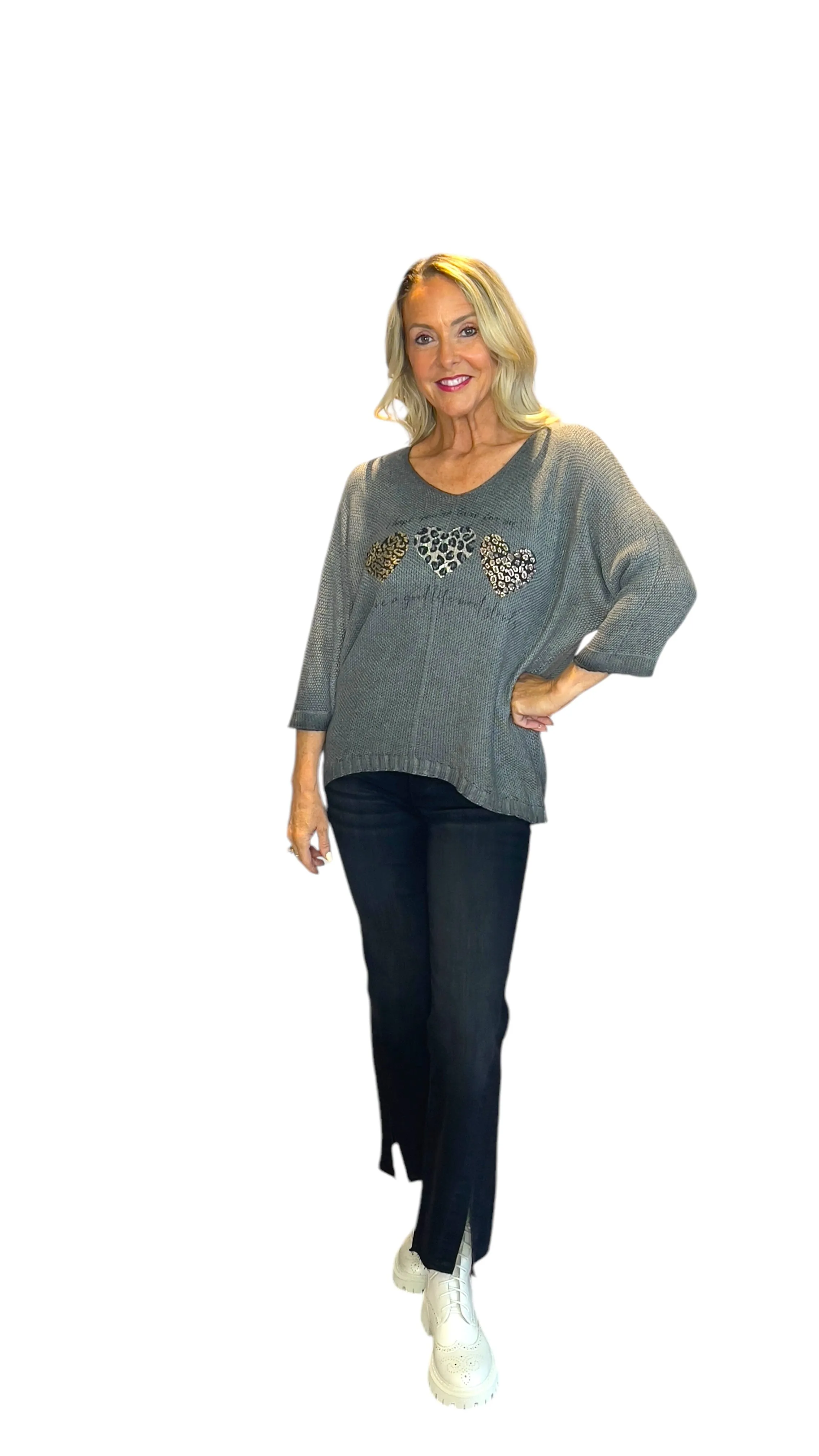 CHARCOAL METALLIC HEART LEOPARD LOOSE OPEN KNIT SWEATER