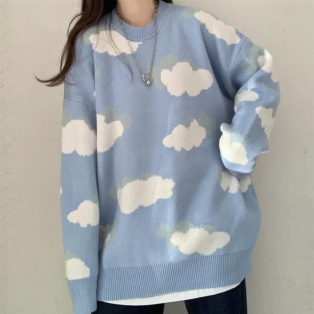 Cloud Print Long Sleeve Sweater | Korean Style Sweater | Girls Casual Sweater | Crew Neck Cloud Print Sweater | Knitted Cloudy Women Sweater