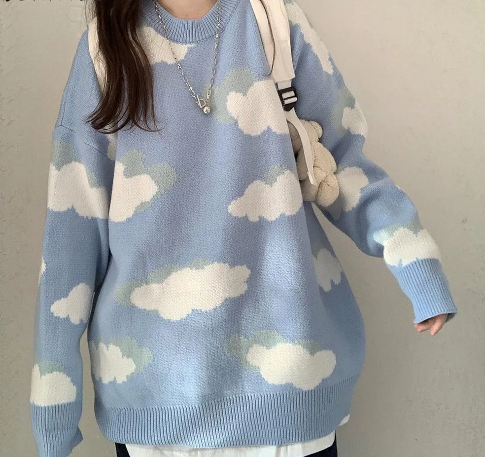 Cloud Print Long Sleeve Sweater | Korean Style Sweater | Girls Casual Sweater | Crew Neck Cloud Print Sweater | Knitted Cloudy Women Sweater