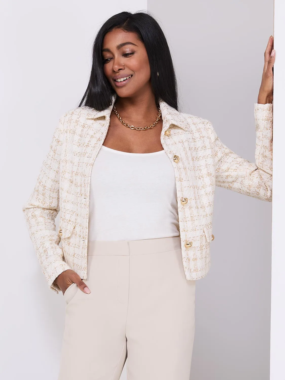 Collared Waisted Boucle Blazer