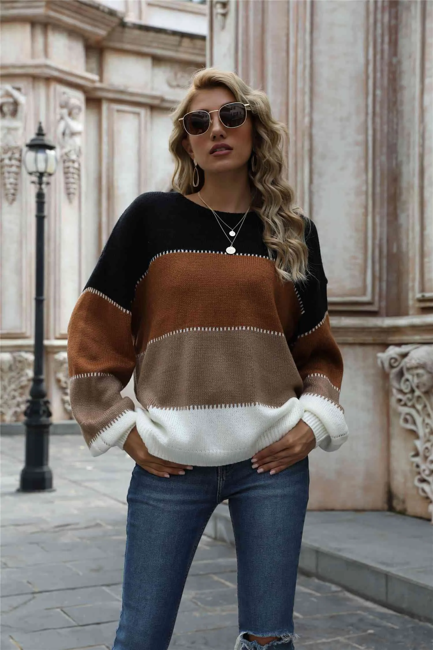 Color Block Round Neck Sweater