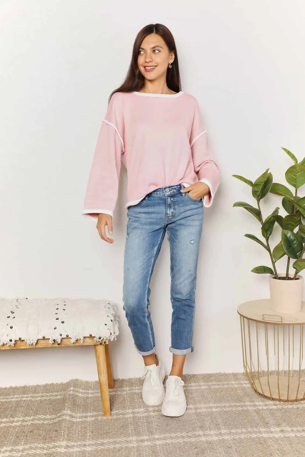 Contrast Detail Dropped Shoulder Knit Top in Blush Pink