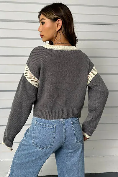 Contrast Openwork Long Sleeve V-Neck Sweater