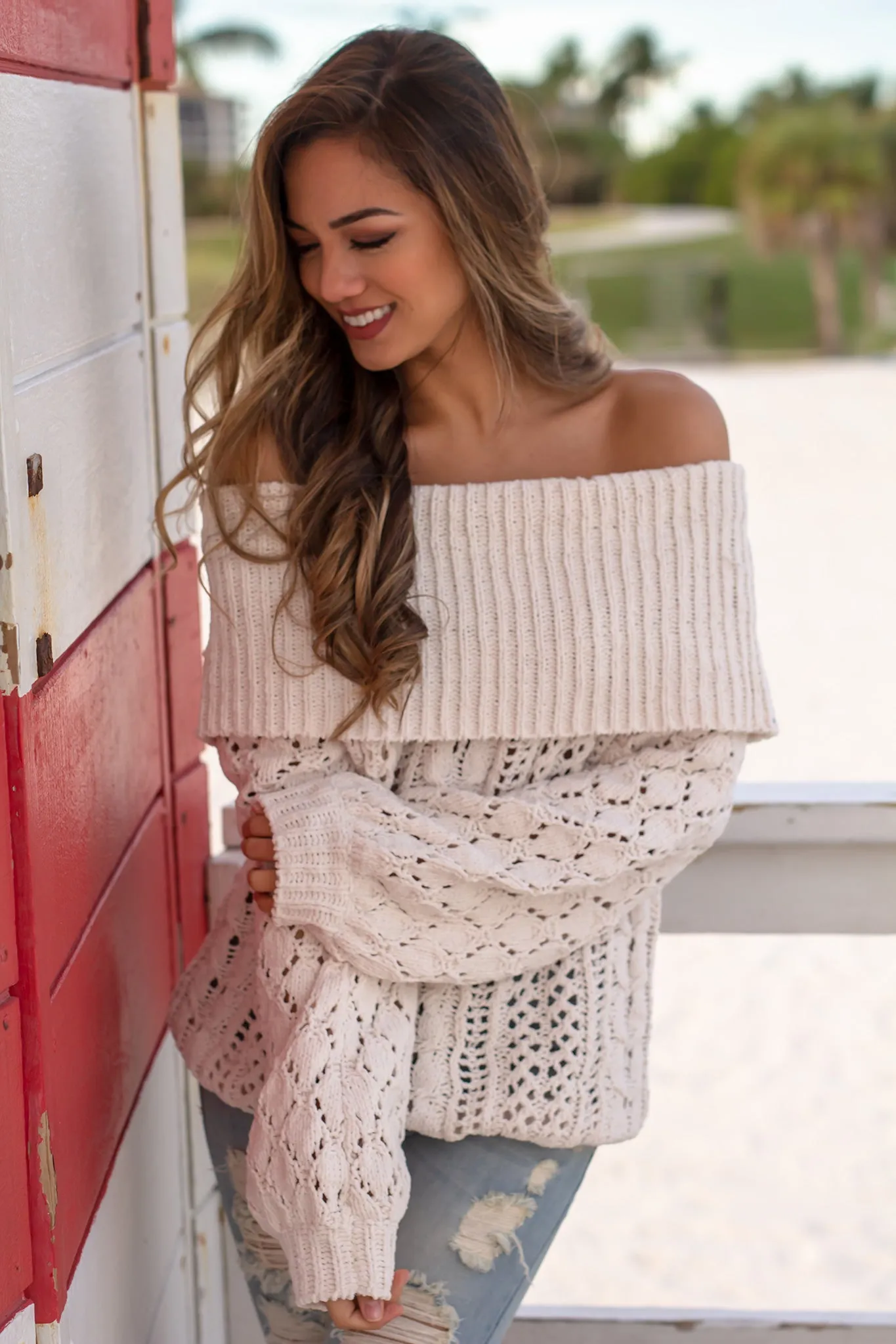 Cream Off Shoulder Crochet Sweater