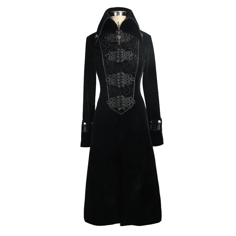 CT06101 Gothic black patchwork big chinese frog velveteen women long coat