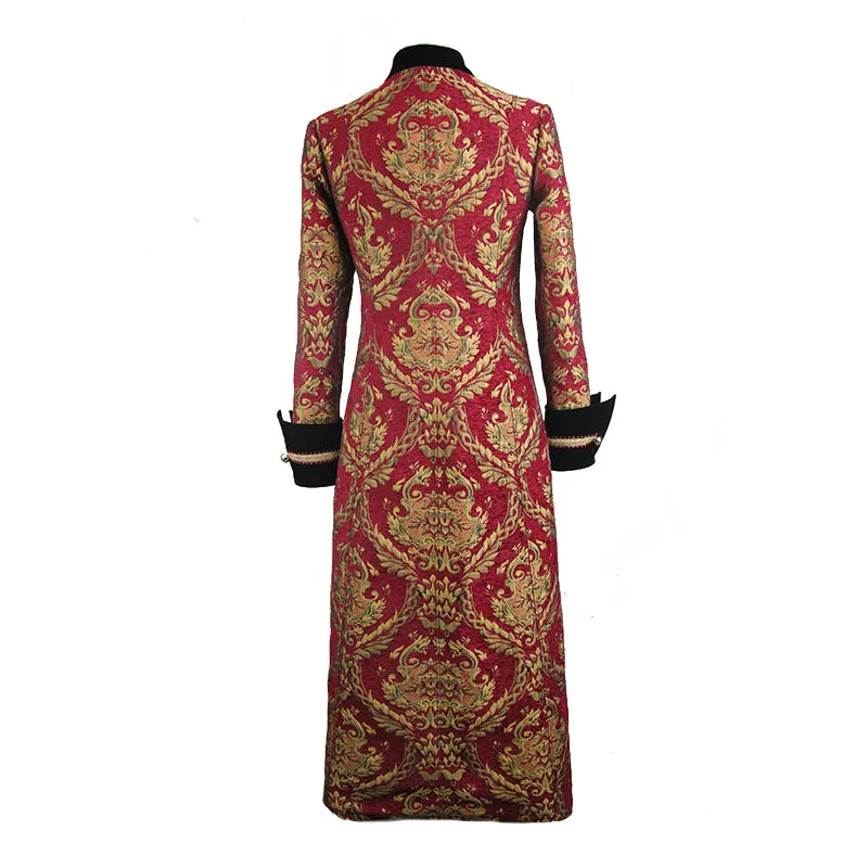 CT096 Pirate style red and gold jacquard gothic pattern men long coat