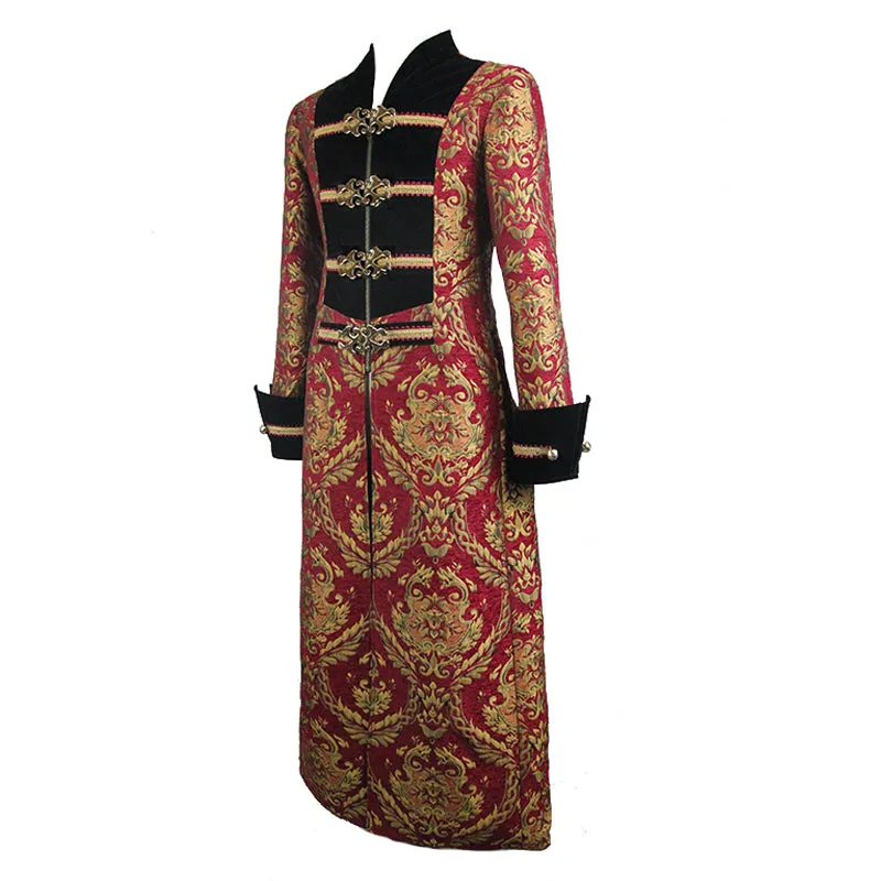 CT096 Pirate style red and gold jacquard gothic pattern men long coat