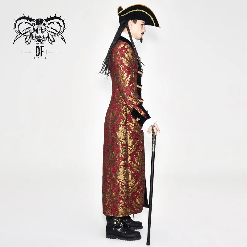 CT096 Pirate style red and gold jacquard gothic pattern men long coat