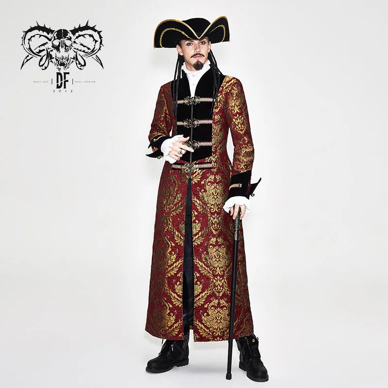 CT096 Pirate style red and gold jacquard gothic pattern men long coat