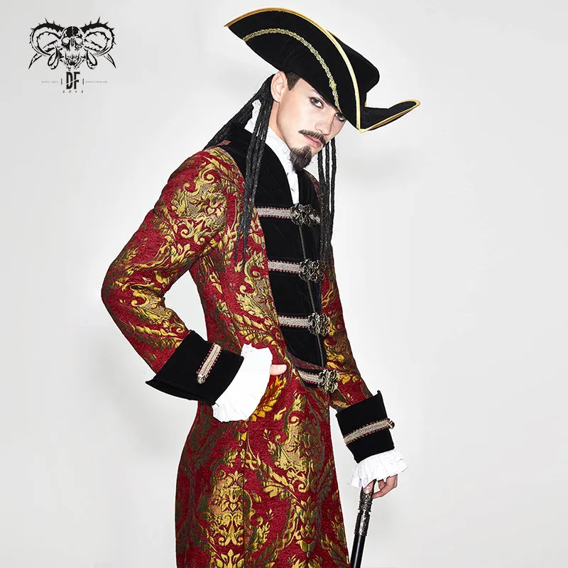 CT096 Pirate style red and gold jacquard gothic pattern men long coat