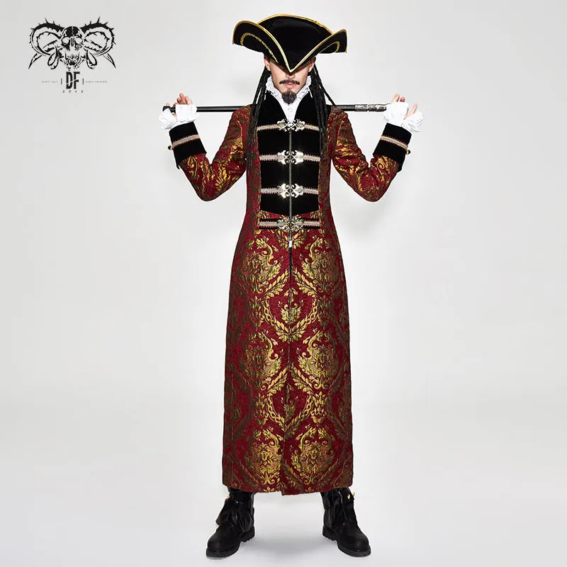 CT096 Pirate style red and gold jacquard gothic pattern men long coat