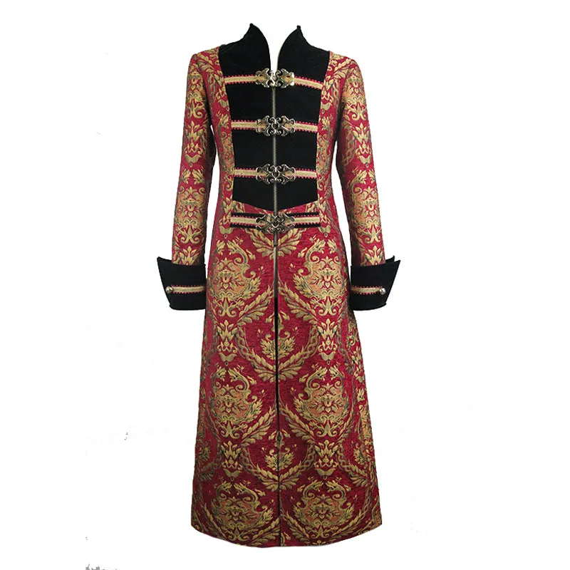 CT096 Pirate style red and gold jacquard gothic pattern men long coat