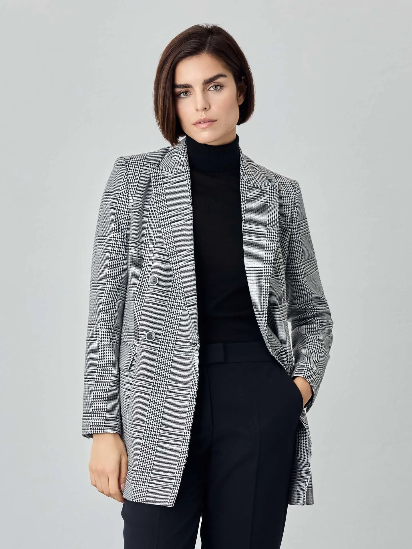 Double-Breasted Suit Blazer In Viscose Blend With Pied de Poule Fabric