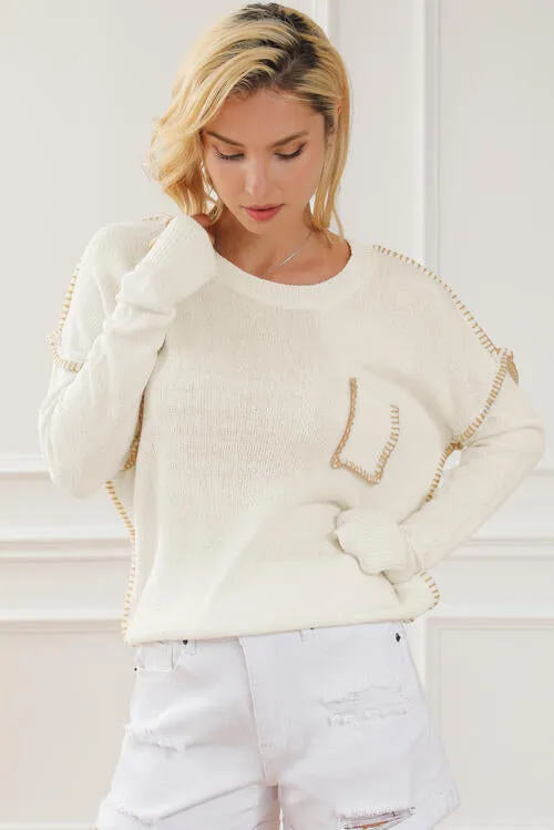 Exposed Seam Round Neck Long Sleeve Sweater