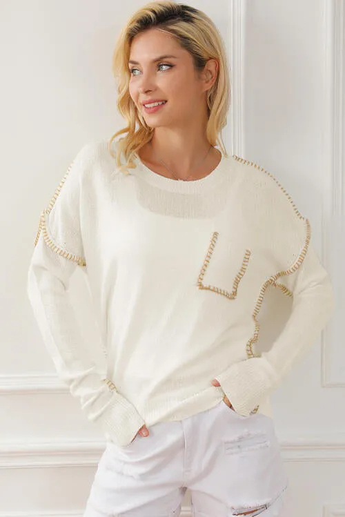 Exposed Seam Round Neck Long Sleeve Sweater