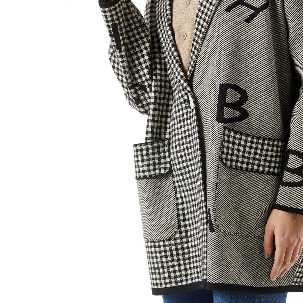 Fall Winter Women Plaid Clothing Letter Knitted Spliced Sweater Loose Coat