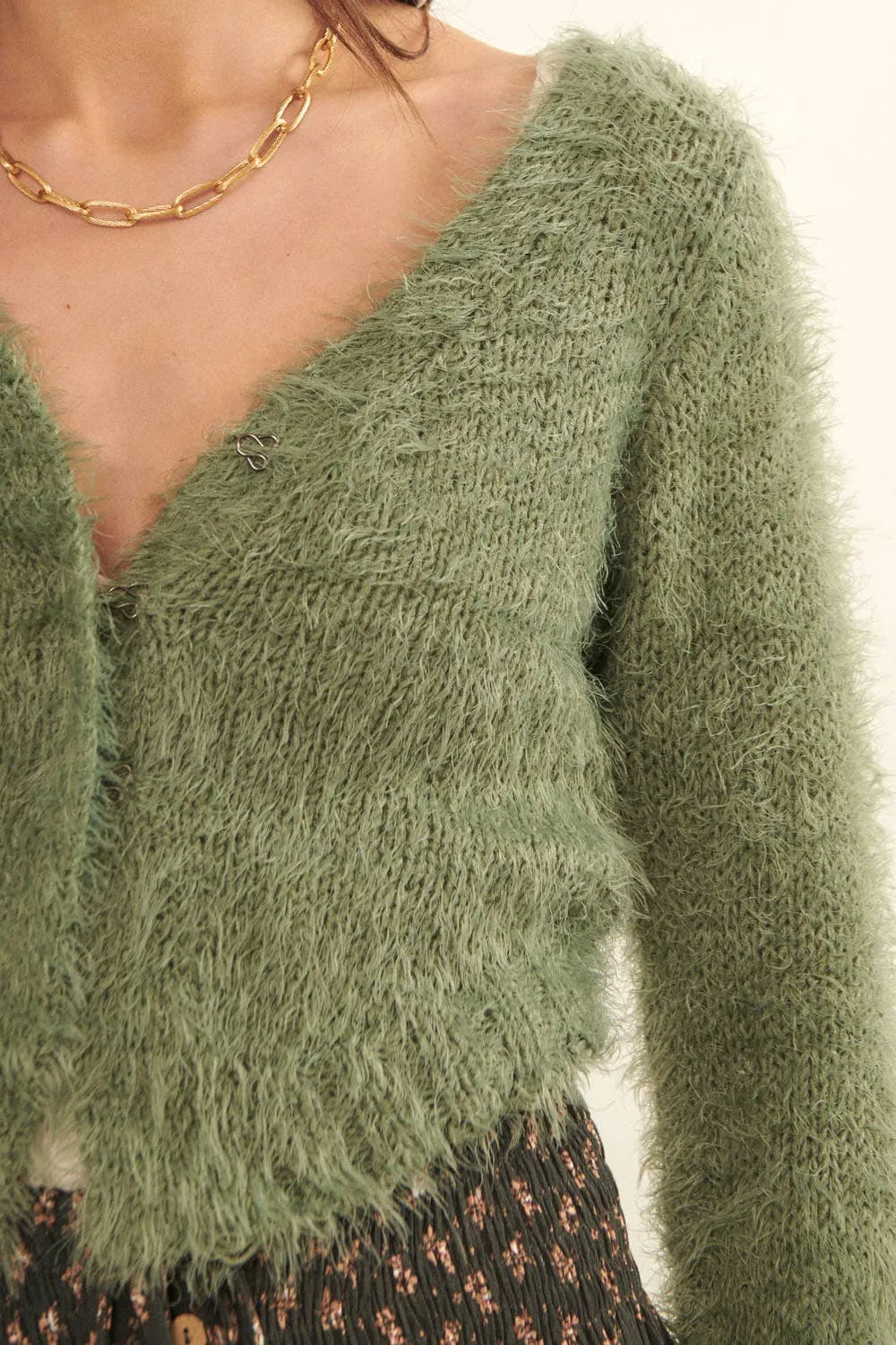 Furry Knit Fitted Cardigan Sweater