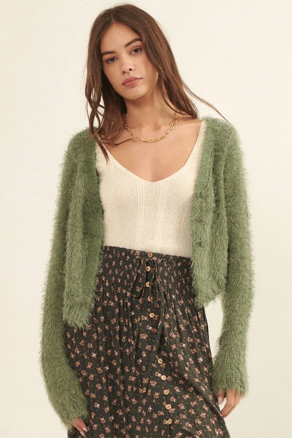 Furry Knit Fitted Cardigan Sweater