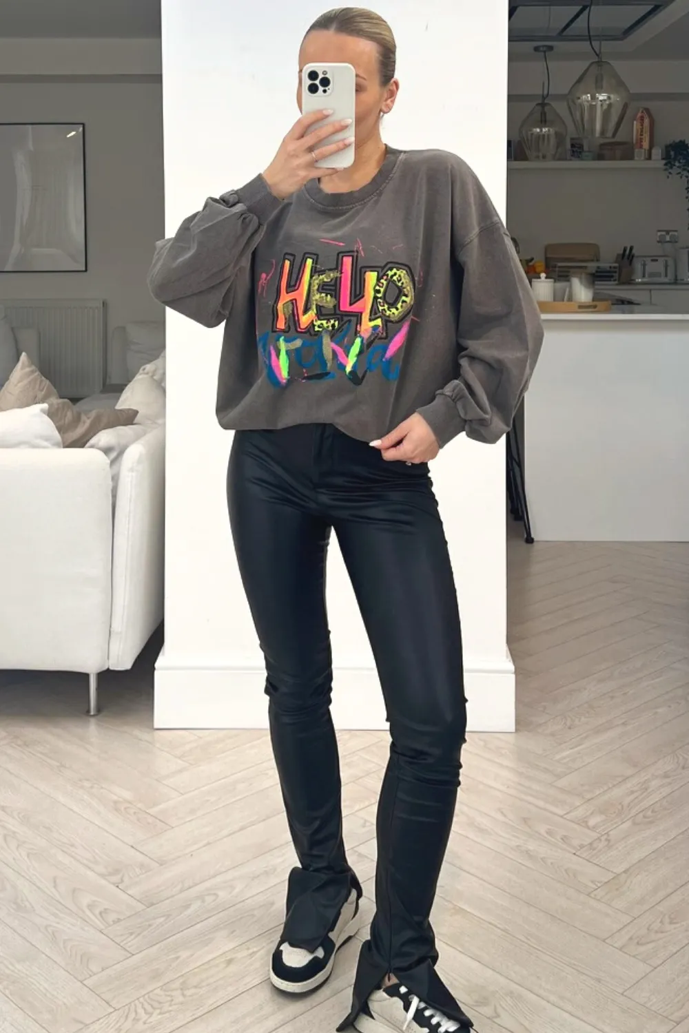 Hello paint splash grey acid wash round neck sweater