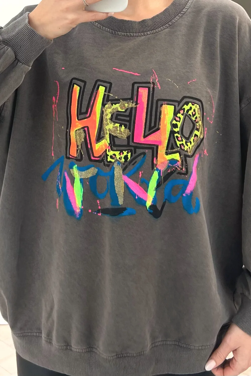 Hello paint splash grey acid wash round neck sweater