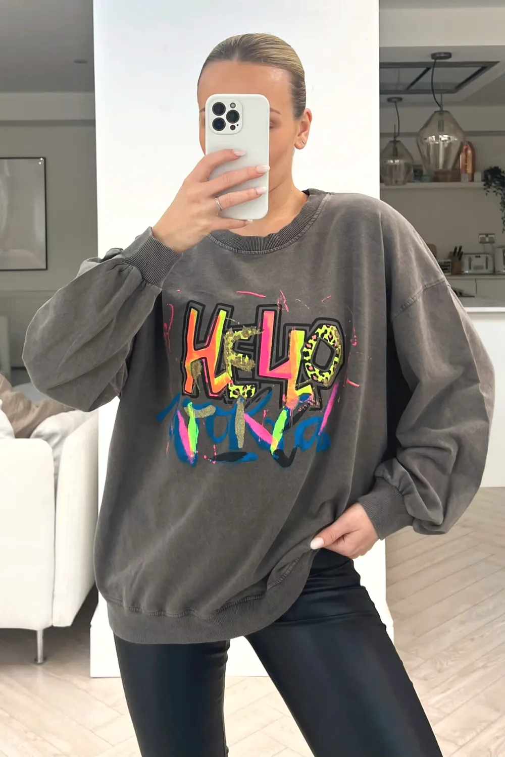 Hello paint splash grey acid wash round neck sweater