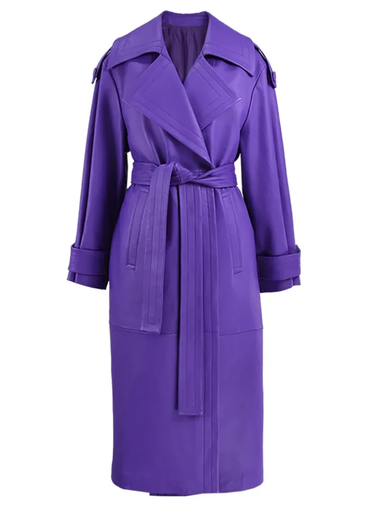 HEYFANCYSTYLE Faux Leather Purple Trench Coat