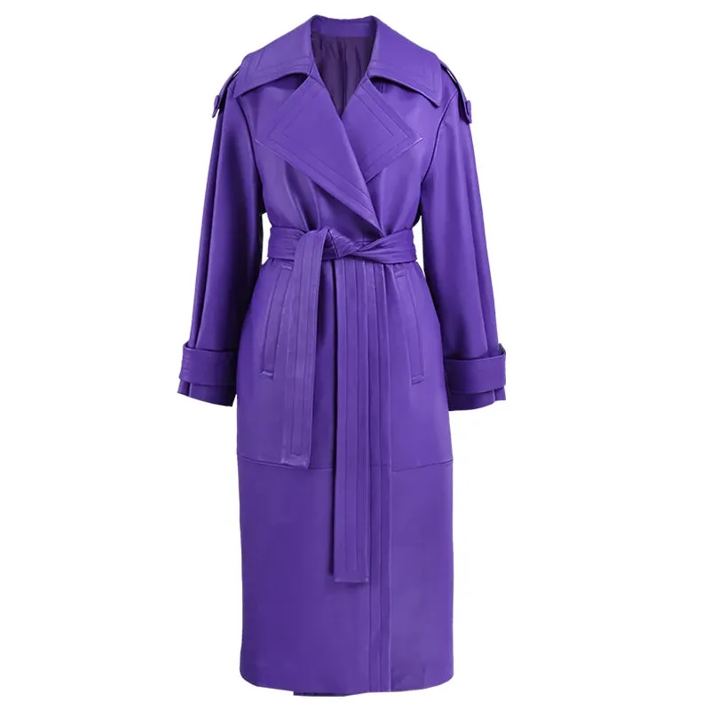 HEYFANCYSTYLE Faux Leather Purple Trench Coat