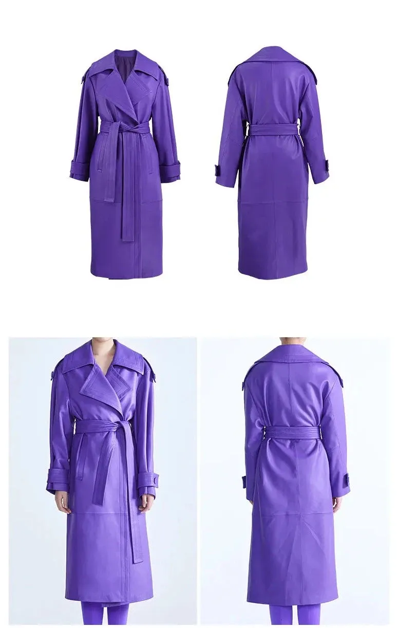 HEYFANCYSTYLE Faux Leather Purple Trench Coat