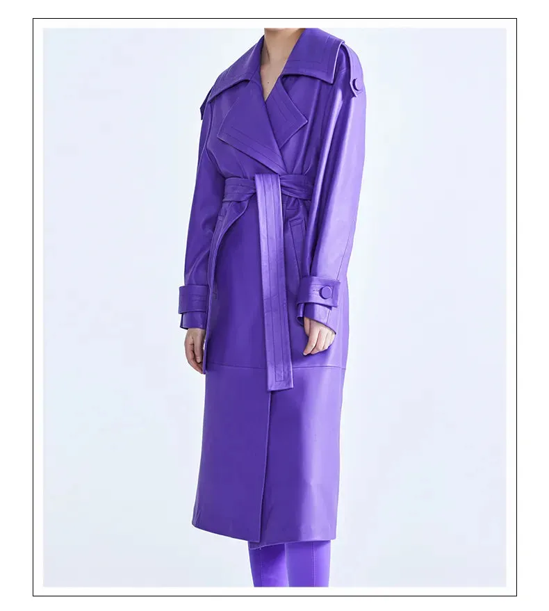 HEYFANCYSTYLE Faux Leather Purple Trench Coat