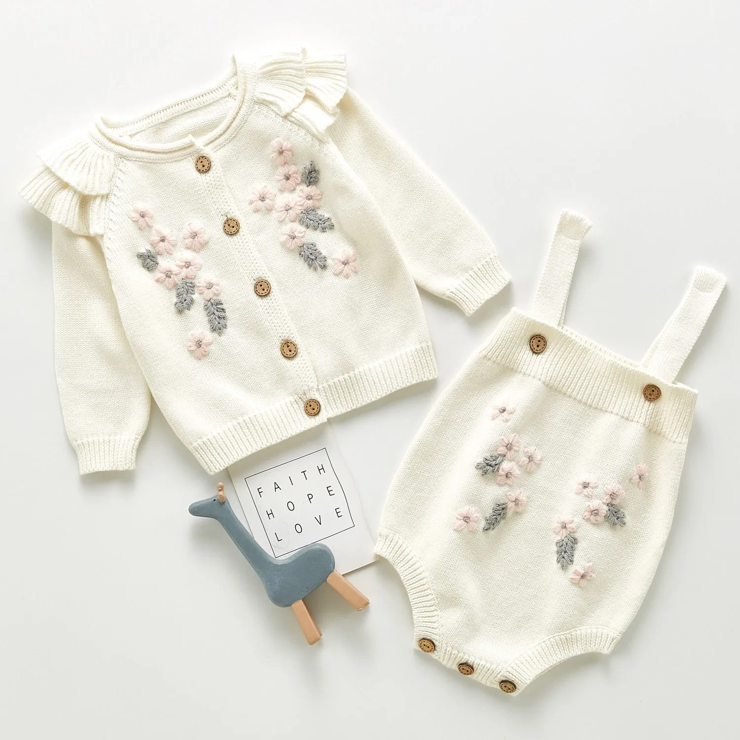 HoneyCherry Baby Girls Sweaters Flower Coat Strap Romper Crawling Clothes Kids Sweater Cardigan