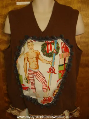 Hottie Guy Mens Ugly Christmas Sweater Vest Candy Cane Long Johns