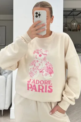 Jadore Paris pink floral teddy printed ecru sweater