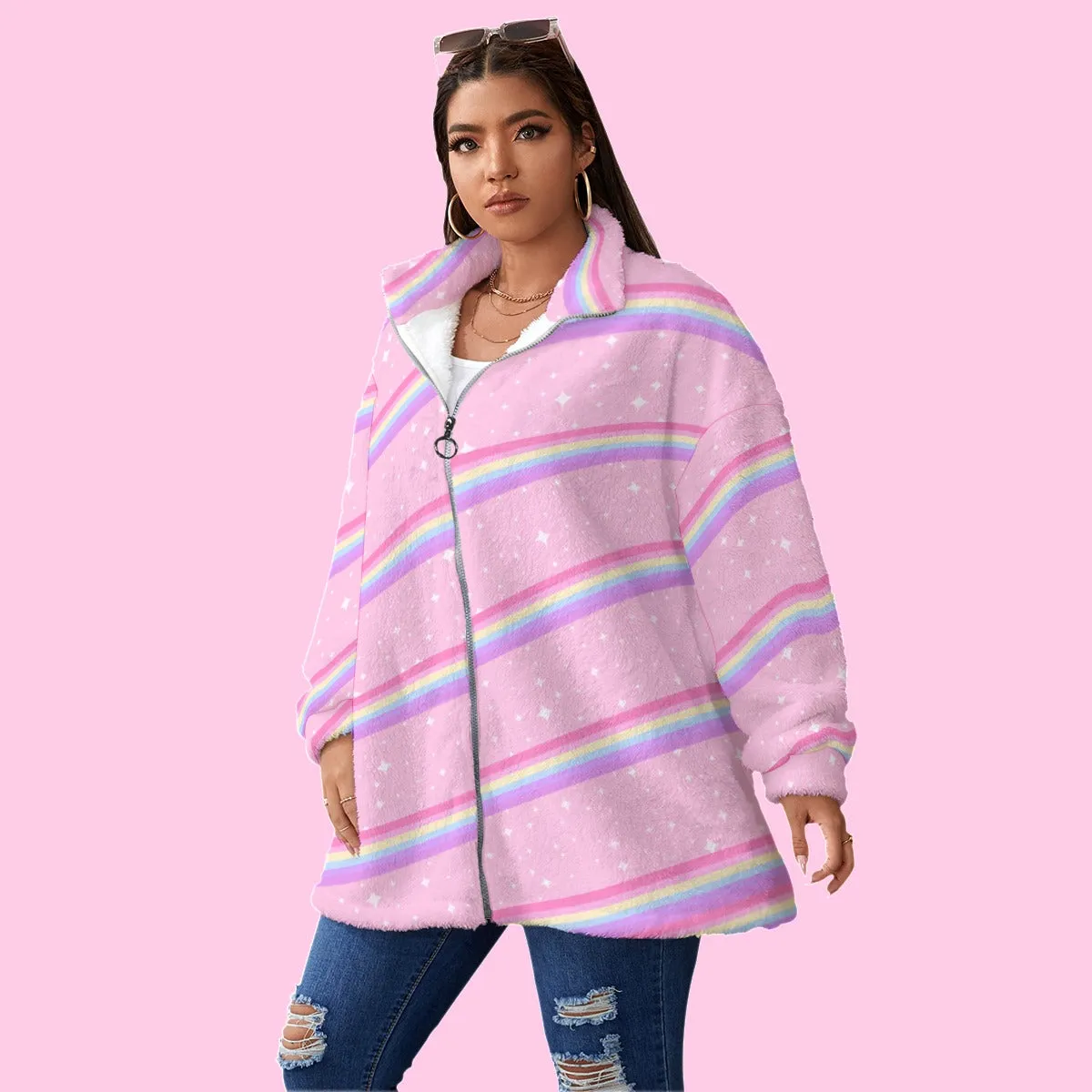 Kawaii Sparkle Cake Rainbow Beam Women's Oversized Fuzzy Fleece Coat With Zipper