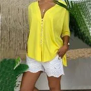 Ladies Lace V-neck Button Top