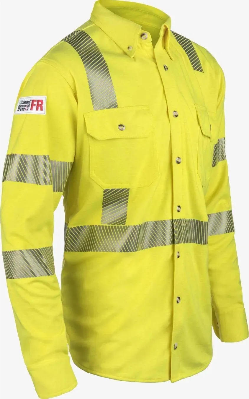 LAKELAND FR - High Performance FR KNit H-Vis Button Up Shirt, Hi-Vis Yellow with 2" Segmented Trim