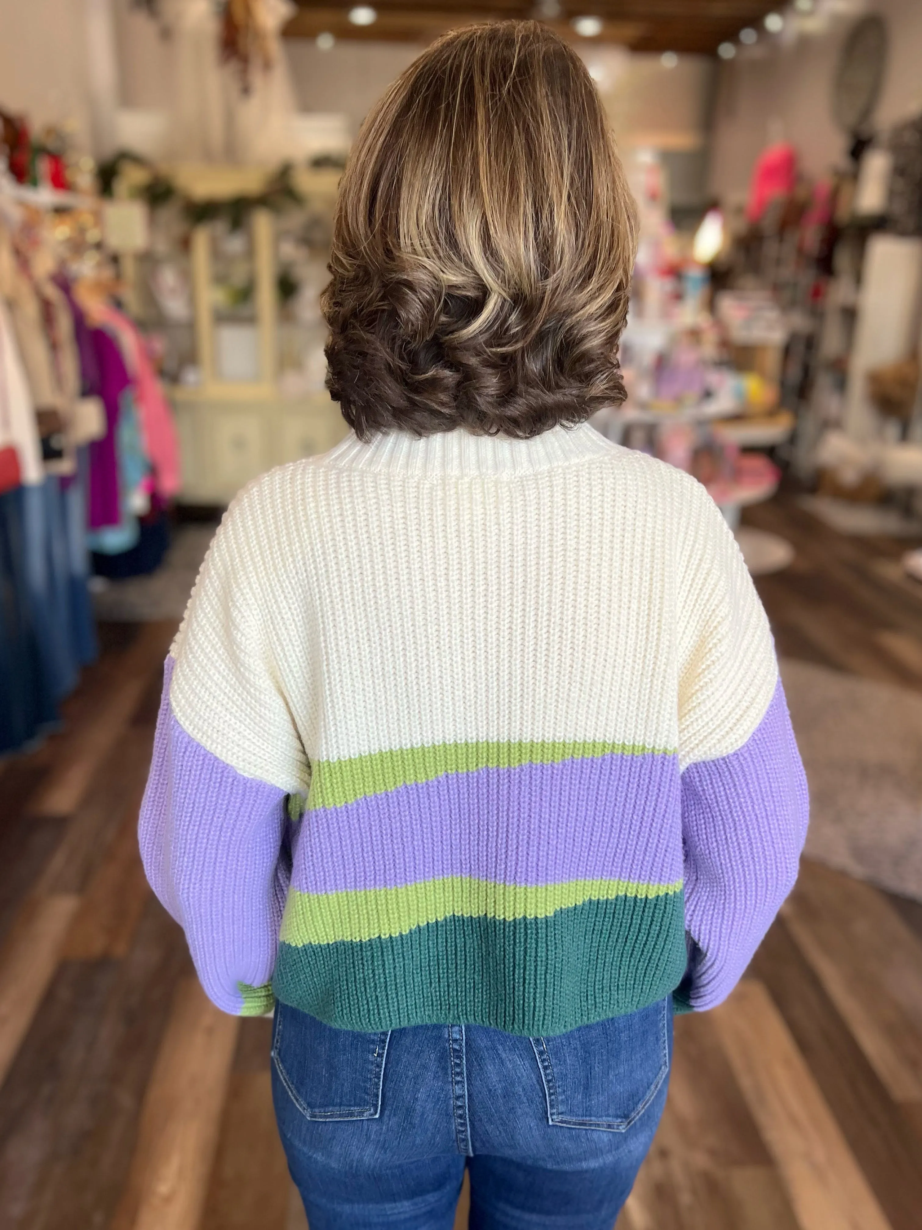 Lavender & Green Colorblock Cropped Sweater