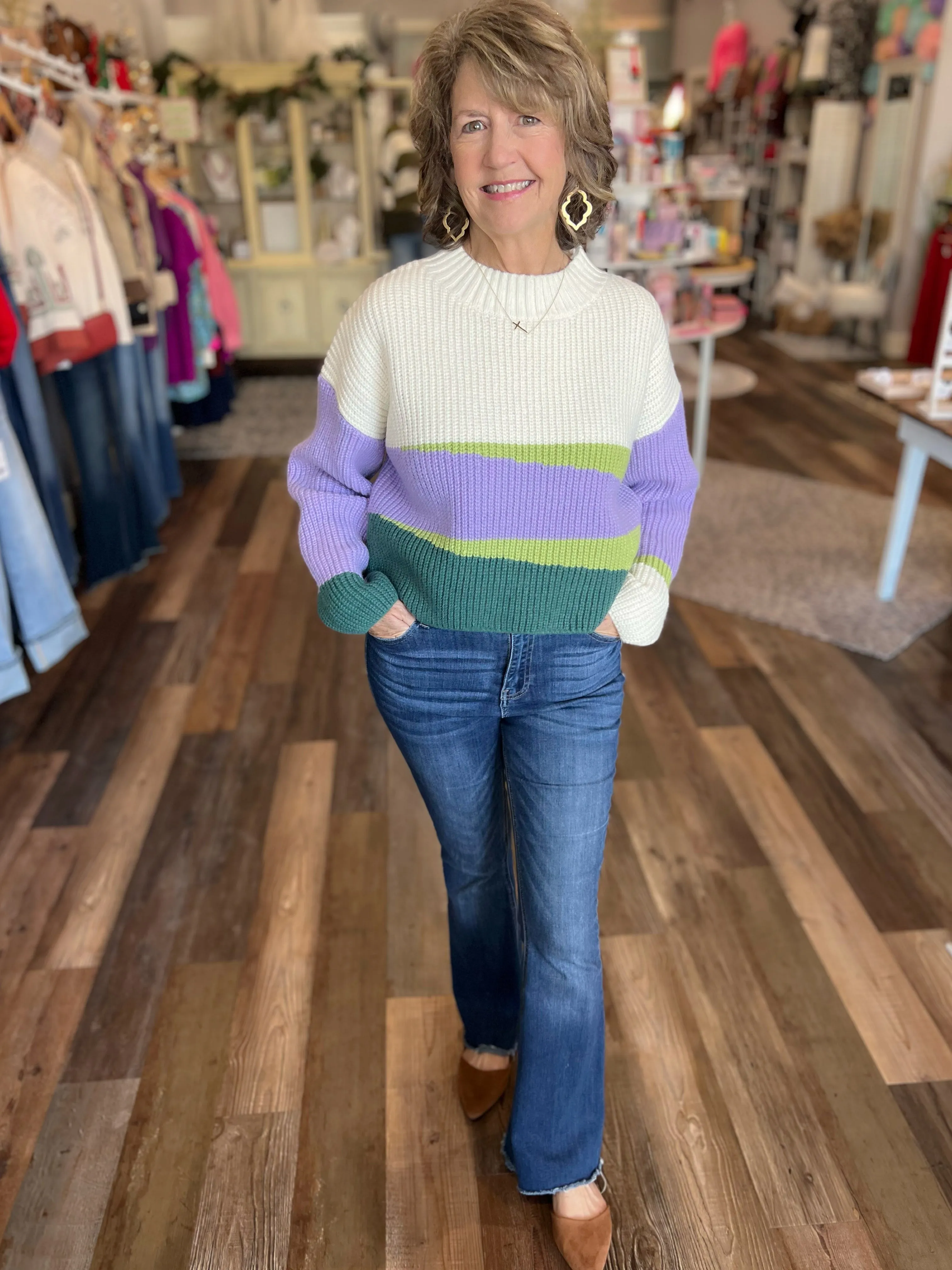 Lavender & Green Colorblock Cropped Sweater