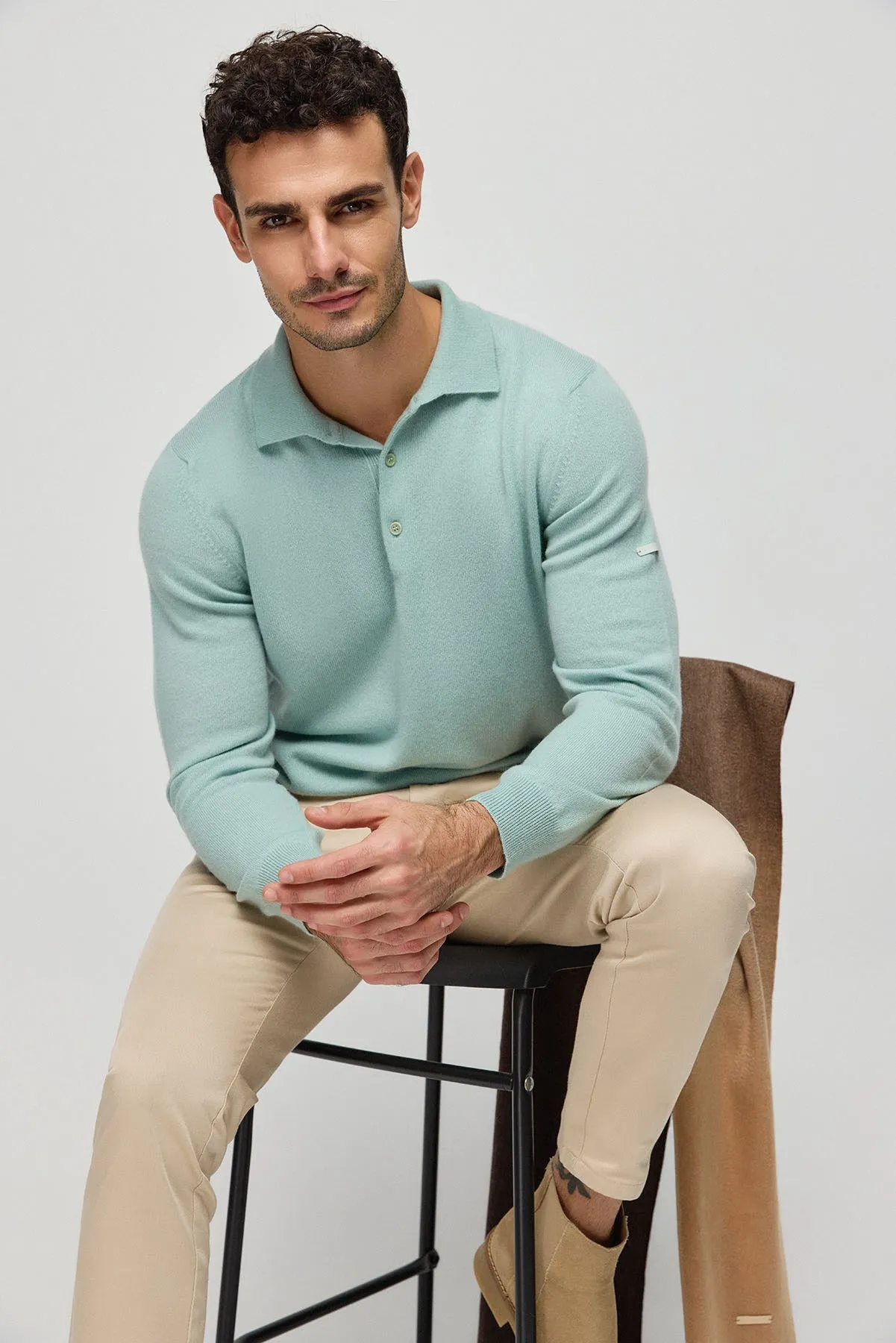 Light Green Pure Cashmere Men's Polo Sweater