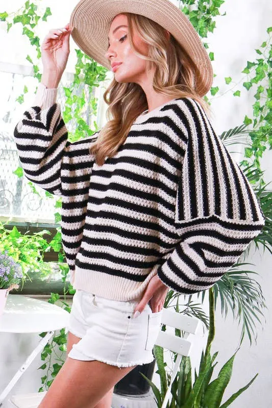 Long balloon sleeve stripe crochet sweater (Khaki / Black)