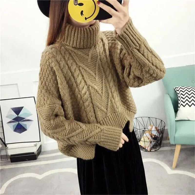 loose collar sweater female short bat sleeves wind rough woolen coat thickening