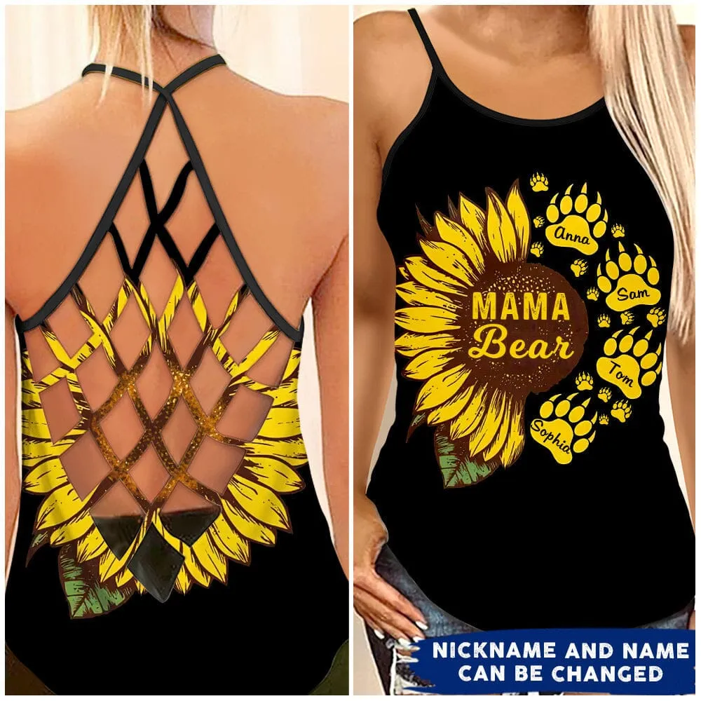 Love Mama Bear Sunflower Personalized Woman Cross Tank Top, Gift for Mom Grandma