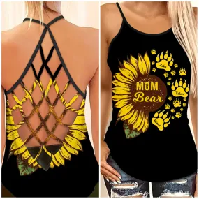 Love Mama Bear Sunflower Personalized Woman Cross Tank Top, Gift for Mom Grandma