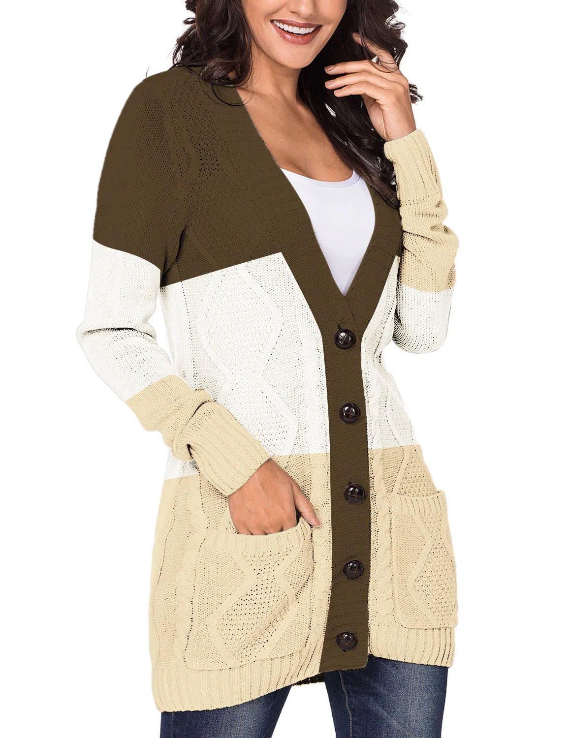 luvamia Womens Long Sleeve Open Front Buttons Cable Knit Pocket Sweater Cardigan