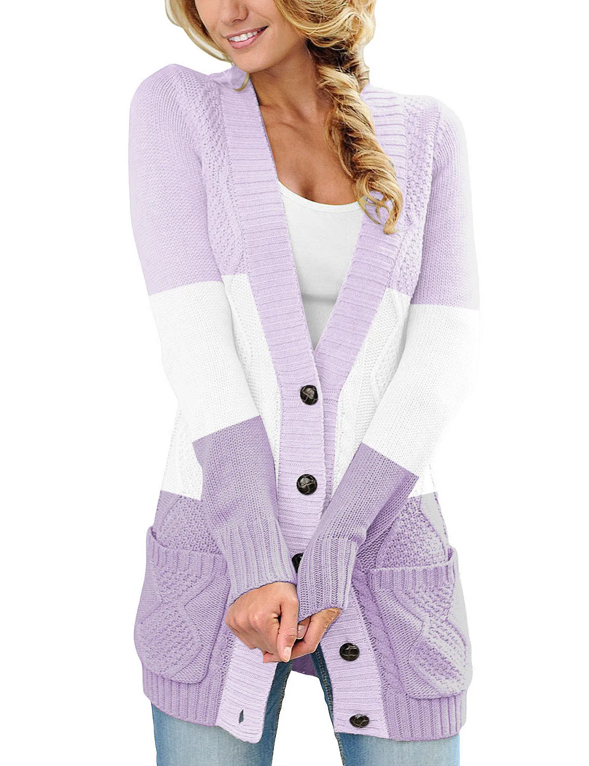 luvamia Womens Long Sleeve Open Front Buttons Cable Knit Pocket Sweater Cardigan